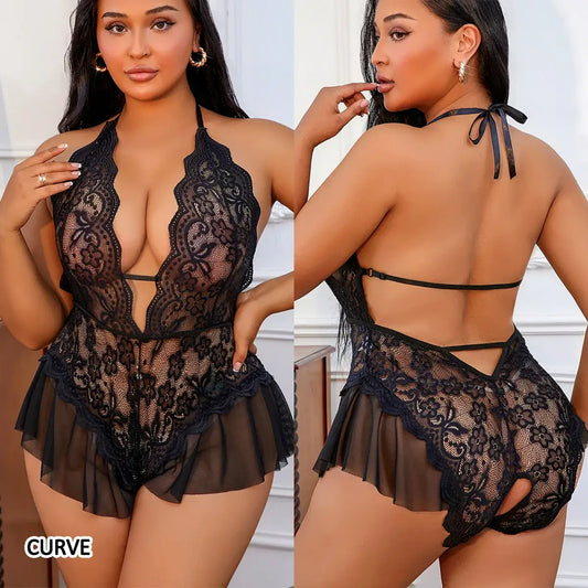 Curve Queen Crotchless Lace Bra Set – Deep V Transparent Erotic Plus Size Lingerie